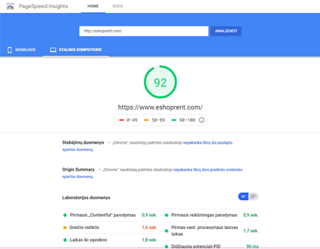 Puikūs Google PageSpeed rezultatai