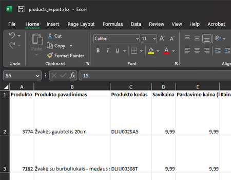 Masinis prekių kūrimas/atnaujinimas iš MS Excel