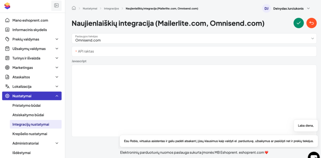 Omnisend ir Eshoprent integracija