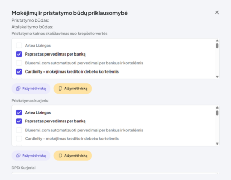 Maksājuma veida rādīšana atbilstoši izvēlētajam piegādes veidam